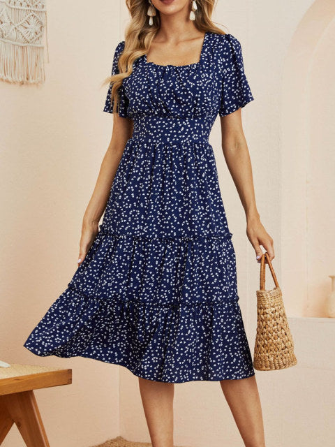 Summer Love Pattern Dot Print Dress Women 2022 New Casual Short Sleeve Square Collar Ruffles Medium Long Chiffon Dress