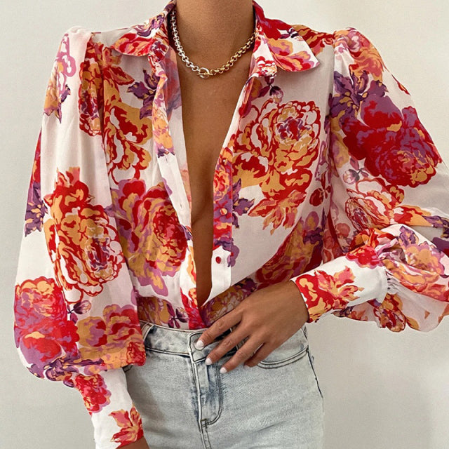 Primavera moda mujer camisa linterna manga larga Casual Color sólido impreso botones delgados cuello en V blusa conmutar High Street camisas