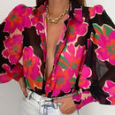 Spring Fashion Women Shirt Lantern Long Sleeves Casual Solid Color Printed Slim Buttons V Neck Blouse Commute High Street Shirts