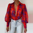 Spring Fashion Women Shirt Lantern Long Sleeves Casual Solid Color Printed Slim Buttons V Neck Blouse Commute High Street Shirts