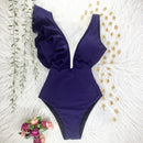 2021 New Sexy Ruffle Print Floral One Piece Swimsuit Off The Shoulder Swimwear Women Solid Deep-V Beachwear Bathing Suit Monkini