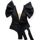 2021 New Sexy Ruffle Print Floral One Piece Swimsuit Off The Shoulder Swimwear Women Solid Deep-V Beachwear Bathing Suit Monkini