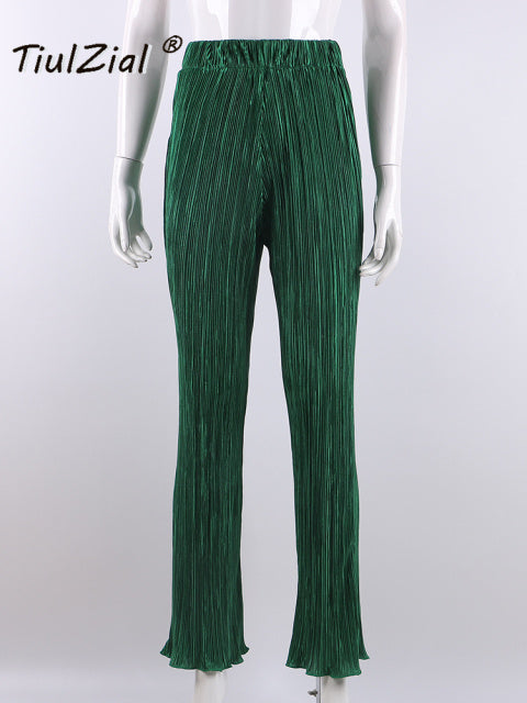 TiulZial plisado Y2K, pantalones rectos de cintura alta, pantalones largos de verano para mujer, pantalón capris de pierna ancha, parte inferior, verde, Plisse