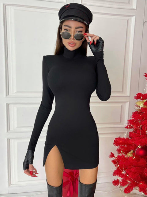 Hawthaw mujeres primavera otoño manga larga ceñido al cuerpo Color sólido negro ajustado paquete cadera Mini vestido 2021 ropa femenina ropa de calle