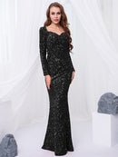 Long Sleeve Sequin Maxi Dress Floor Length Sparkles Stretch V Neck Mermaid Formal Evening Night Party Gown Grey Black Red