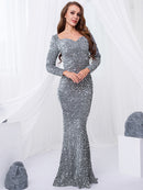Long Sleeve Sequin Maxi Dress Floor Length Sparkles Stretch V Neck Mermaid Formal Evening Night Party Gown Grey Black Red