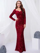 Long Sleeve Sequin Maxi Dress Floor Length Sparkles Stretch V Neck Mermaid Formal Evening Night Party Gown Grey Black Red