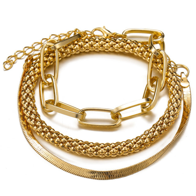 3 unids/set de pulseras de eslabones de cadena gruesa de moda para mujer, cadena de serpiente Vintage, conjunto de pulseras de Color dorado y plateado, joyería Punk