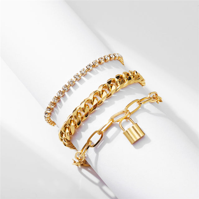 3 teile/satz mode starke kette link armbänder für frauen vintage schlangenkette gold silber farbe armbänder set punk schmuck