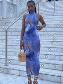 Hawthaw Women Summer Fashion Backless Sleeveless  Printed Bodycon Slim Pencil Dress 2021 Female Clothing Streetwear Wholesale