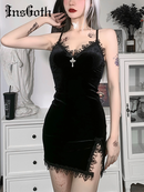InsGoth gótico oscuro Cruz negro Mini vestido Vintage Sexy correa de espagueti de cintura alta vestidos con abertura Goth Party Club vestido de mujer