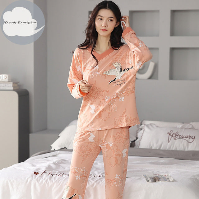 Frühling Herbst Damen Schlaf Lounge Pyjama langärmlig Frau Pyjama Set Cartoon Pyjama Baumwolle Nachtwäsche ML XL XXL XXXL Mode