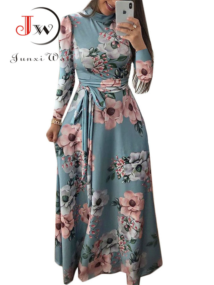 Vestido largo de verano para mujer 2022 Casual manga larga bohemio estampado Floral Maxi vestido cuello alto vendaje elegante Vestidos de fiesta Vestidos