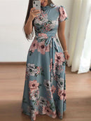 Women Summer Long Dress 2022 Casual Long Sleeve Boho Floral Print Maxi Dress Turtleneck Bandage Elegant Party Dresses Vestidos