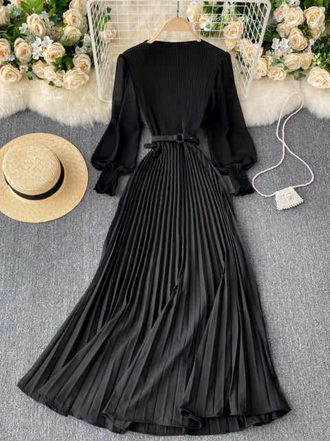 New 2021 Women Elegant Maxi Dress Spring Summer Patchwork Puff Long Sleeve Pleated Muslim Long Dresses Ladies Party Dress
