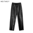 WOTWOY High Waist Spliced Loose Leather Pants Women Autumn Solid Drawstring PU Leather Trousers Women Straight Pants Female 2021