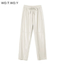 WOTWOY High Waist Spliced Loose Leather Pants Women Autumn Solid Drawstring PU Leather Trousers Women Straight Pants Female 2021