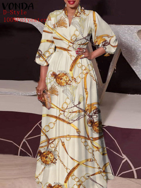 Frühlingsfestkleid 2022 VONDA Damen Vintage bedruckt Maxi langes Kleid Casual Vestido Casual Robe Femme Holiday Sommerkleid Übergroß