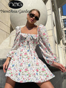 NewAsia vestido floral mujer linterna manga larga estampado fruncido una línea cuello cuadrado atar Mini Vestidos Sexy Chic verano playa vestido