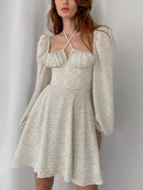 NewAsia vestido floral mujer linterna manga larga estampado fruncido una línea cuello cuadrado atar Mini Vestidos Sexy Chic verano playa vestido