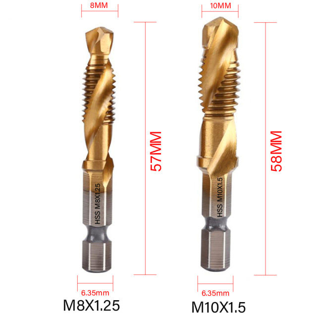 6-teiliges metrisches Gewindebohrer-Set mit Sechskantschaft, titanbeschichtetem HSS-Schraubenbit, Verbundmaschinengewindebohrer, M3, M4, M5, M6, M8, M10, Handwerkzeuge