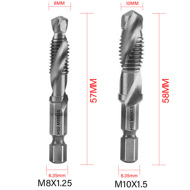 6-teiliges metrisches Gewindebohrer-Set mit Sechskantschaft, titanbeschichtetem HSS-Schraubenbit, Verbundmaschinengewindebohrer, M3, M4, M5, M6, M8, M10, Handwerkzeuge