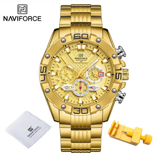 Relojes para hombre NAVIFORCE 2022, reloj de cuarzo clásico de negocios dorado de lujo, cronógrafo analógico, reloj de pulsera deportivo resistente al agua con correa de acero