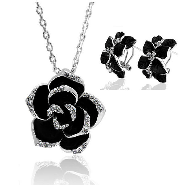 Mode Rose Blume Emaille Schmuck Set Rose Gold Farbe Schwarz Malerei Brautschmuck Sets für Frauen Hochzeit 82606