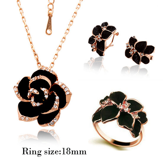 Mode Rose Blume Emaille Schmuck Set Rose Gold Farbe Schwarz Malerei Brautschmuck Sets für Frauen Hochzeit 82606