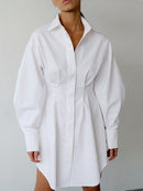 Mnealways18 Spring Summer Bodycon Dress Women Khaki Long Sleeve Pleated Shirt Dress Office Ladies Solid Lapel Casual Mini Dresss