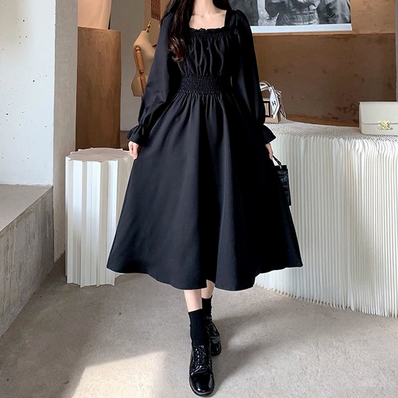 QWEEK Vintage Schwarzes Kleid Frauen Französisch Elegant Quadratischer Kragen Langarm Midi Kleid 2021 Herbst Damen Retro Kleidung Chic Koreanisch