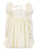 Mnealways18 Puff Sleeves Woman Party Dress Evening Chic Square Collar Ball Gown Dress Short Beige Satin Dresses Pleated Ladies