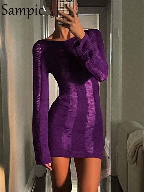 Sampic Long Sleeve Backless Hollow Out Summer O Neck Knitted Black Mini Dress Wrap Women Clothing Party Sexy Night Club Dress