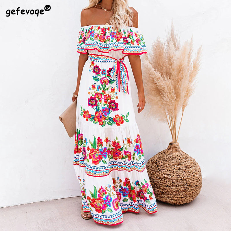 Summer Print Vintage Long Dresses For Women Sexy Off-Shoulder Ruffle Fashion Boho Party Maxi Dress 2022 Ladies Beach Sundress