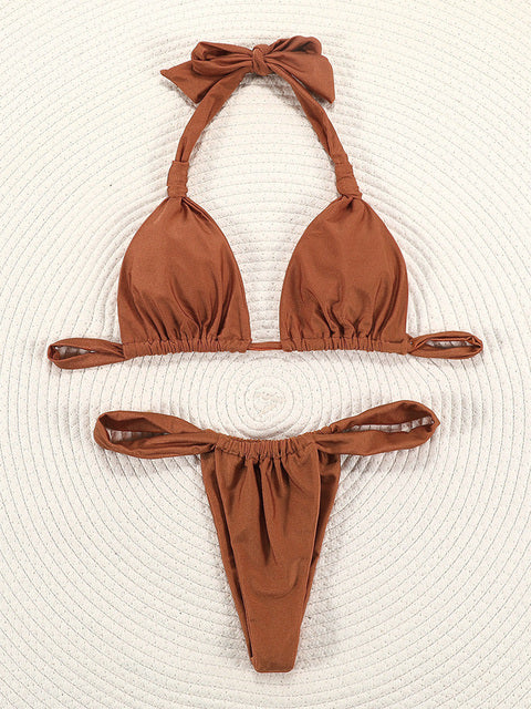 Miyouj Bikinis plisados ​​Sin cola Traje de baño Triángulo Bikini Conjunto Mujeres Traje de baño Halter Trajes de baño Vendaje Ropa de playa Brasileño