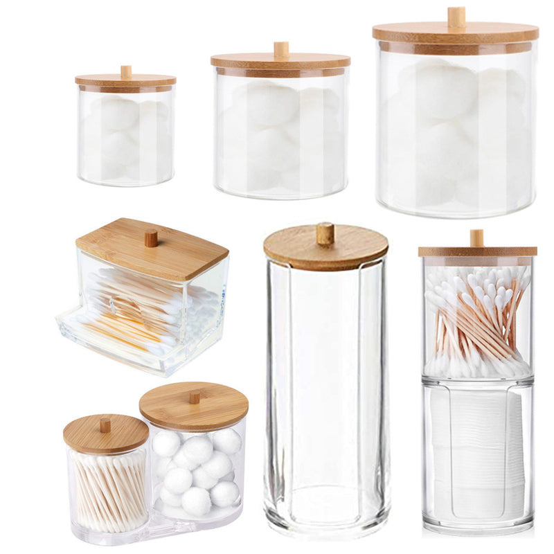 Organizador de bastoncillos de algodón, cubierta de bambú, cajas organizadoras redondas acrílicas, caja de almacenamiento de maquillaje, contenedor de plástico con tapa de bambú