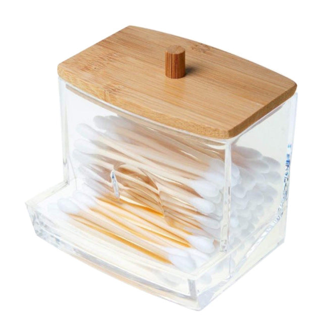 Wattestäbchen Organizer Aufbewahrung Bambusabdeckung Acryl Runde Organizer Boxen Make-up Aufbewahrungsbox Kunststoffbehälter mit Bambusdeckel