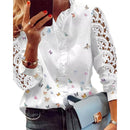 Women Elegant Fashion Butterfly Print Blouses Top Ruffled Trim  Casual Long Lace Sleeve Blouse