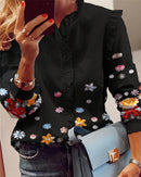Women Elegant Fashion Butterfly Print Blouses Top Ruffled Trim  Casual Long Lace Sleeve Blouse