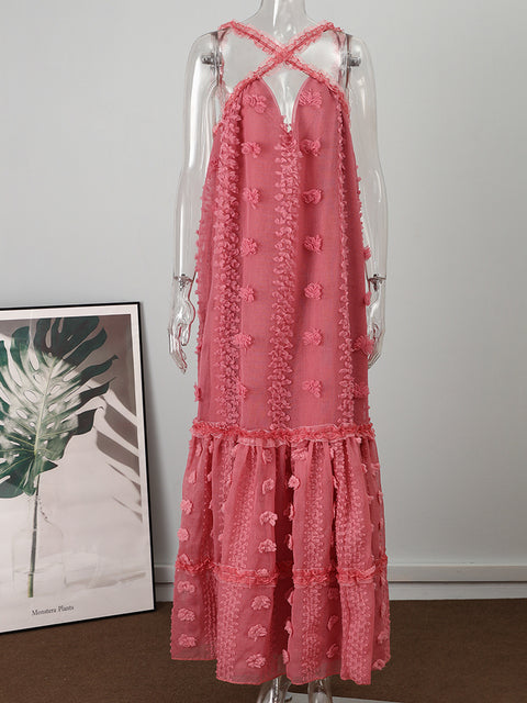 Sleeveless Halter Maxi Summer Dress For Women Fashion Ruffle Beach Long Robe 2022 Elegant Slip Holiday Hollow Out Sundress
