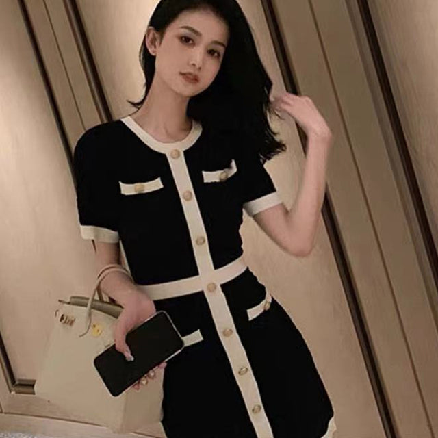 Elegantes koreanisches Wollstrickkleid 2022 Party Sommer Schwarz Slim Button Bodycon Minikleid Vestido Moda Feminina Ropa Mujer 12105