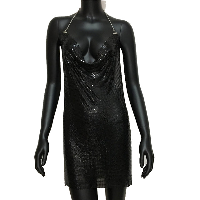 2022 Sexy Clubwear Backless Sequin Short Dress For Women Cocktail Metalic Split Mesh Harness Body Chain Club Low Cut Mini Dress