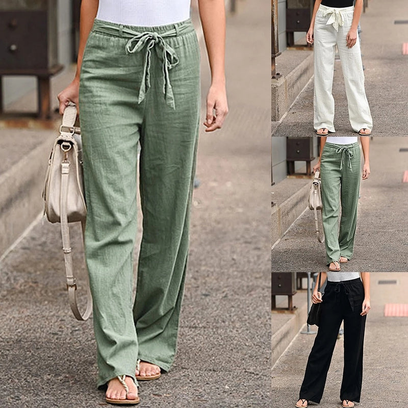 2021 Women Pants Fashion Linen Cotton Solid Elastic Waist Trousers Female Plus Size Ankle-length Trousers Summer Casual Pants