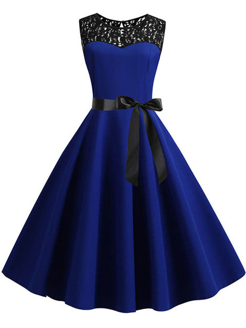 Blaues Spitze-Patchwork-Sommerkleid-Frauen-elegantes Weinlese-Partei-Kleid-beiläufiges Büro-Damen-Arbeits-Kleid