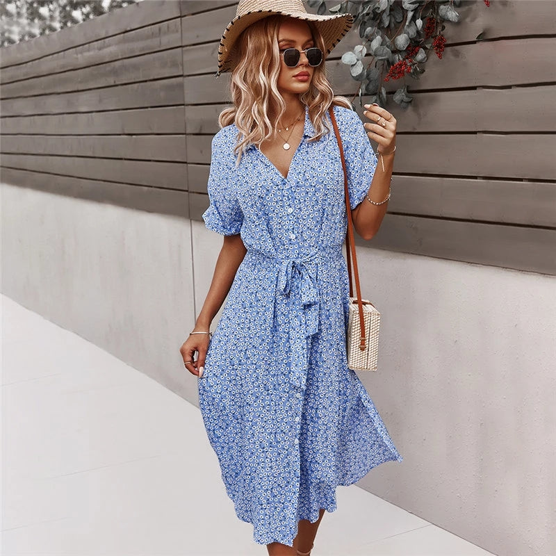 Spring Women Bandage Dress Summer 2022 New Casual Floral Print Beach Dress Vintage Button Holiday Ladies Chic Dresses Vestidos