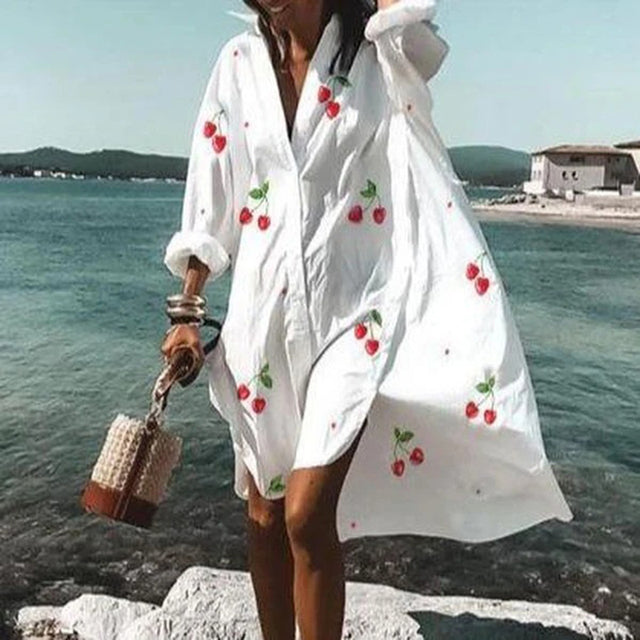 2021 Sommer-Frauen-Kleider Turn-Down-Kragen-Druck-beiläufiges Langarm-Hemd-Kleid übergroße lose Strand-Party Vestidos Robe-Bluse