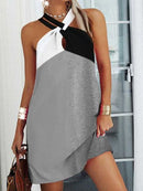 Sexy Halter Neck Leopard Patchwork Printing Mini Dress Sleeveless Beach Casual Summer Dresses Woman 2022 Oversized Loose Tunics