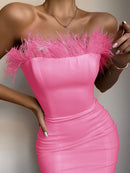 Nuevo verano Sexy sin tirantes espalda descubierta pluma negro Midi mujeres Bodycon vendaje Vestido 2022 diseñador moda Fiesta Club Vestido