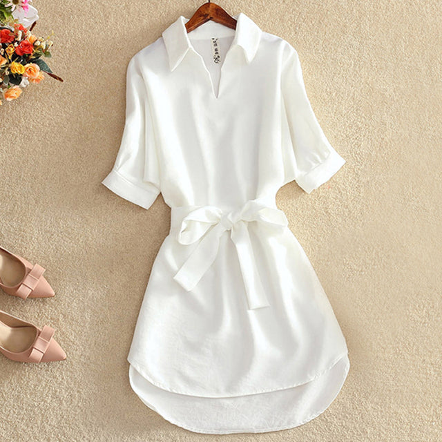 Casual White Tunic Woman Dress Summer Office Lady Chiffon Shirt Dress For Women Short Sleeve Solid Sashes Dress Fashion Vestidos