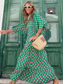 Fashion Printed Dress Women Puff Sleeve Long Dress Summer Boho Maxi Dress Geometric Print Long Dress Loose Holiday Beach Dress
